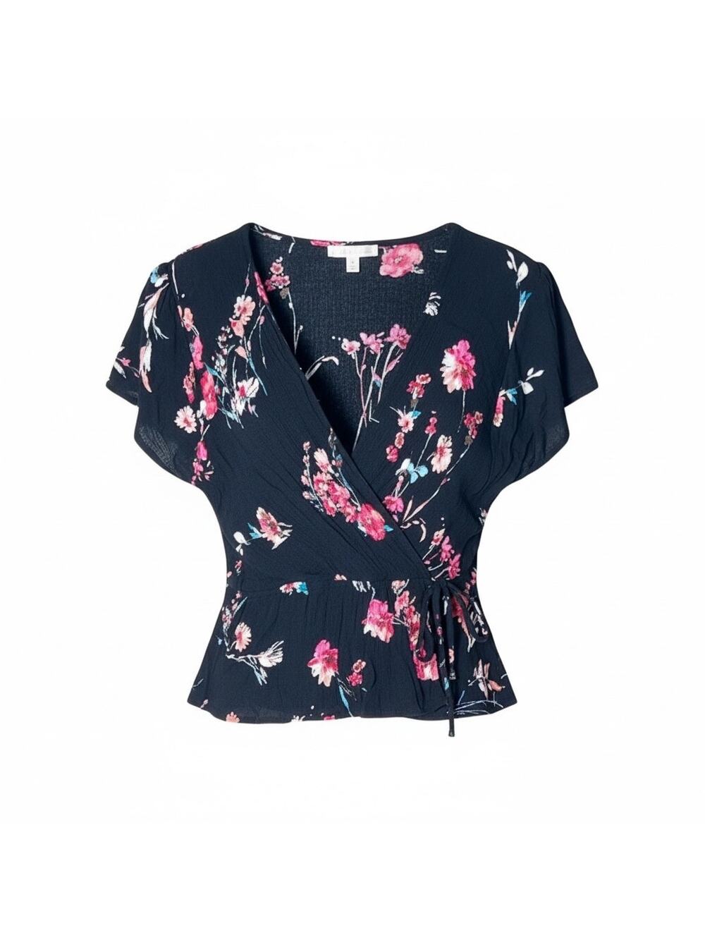Wild jasmine Black floral V-neck blouse top shirt size medium M B160